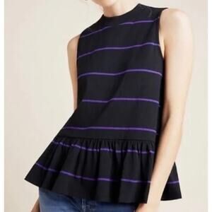 Anthropologie Hildi Peplum Tank Top Sleeveless Striped Black Purple Womens Small